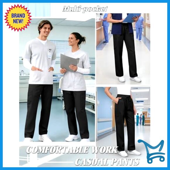 Women's Straight Leg Scrub Pants 2 Pack Lightweight Mid Rise 4 Pockets - Picture 6 of 7